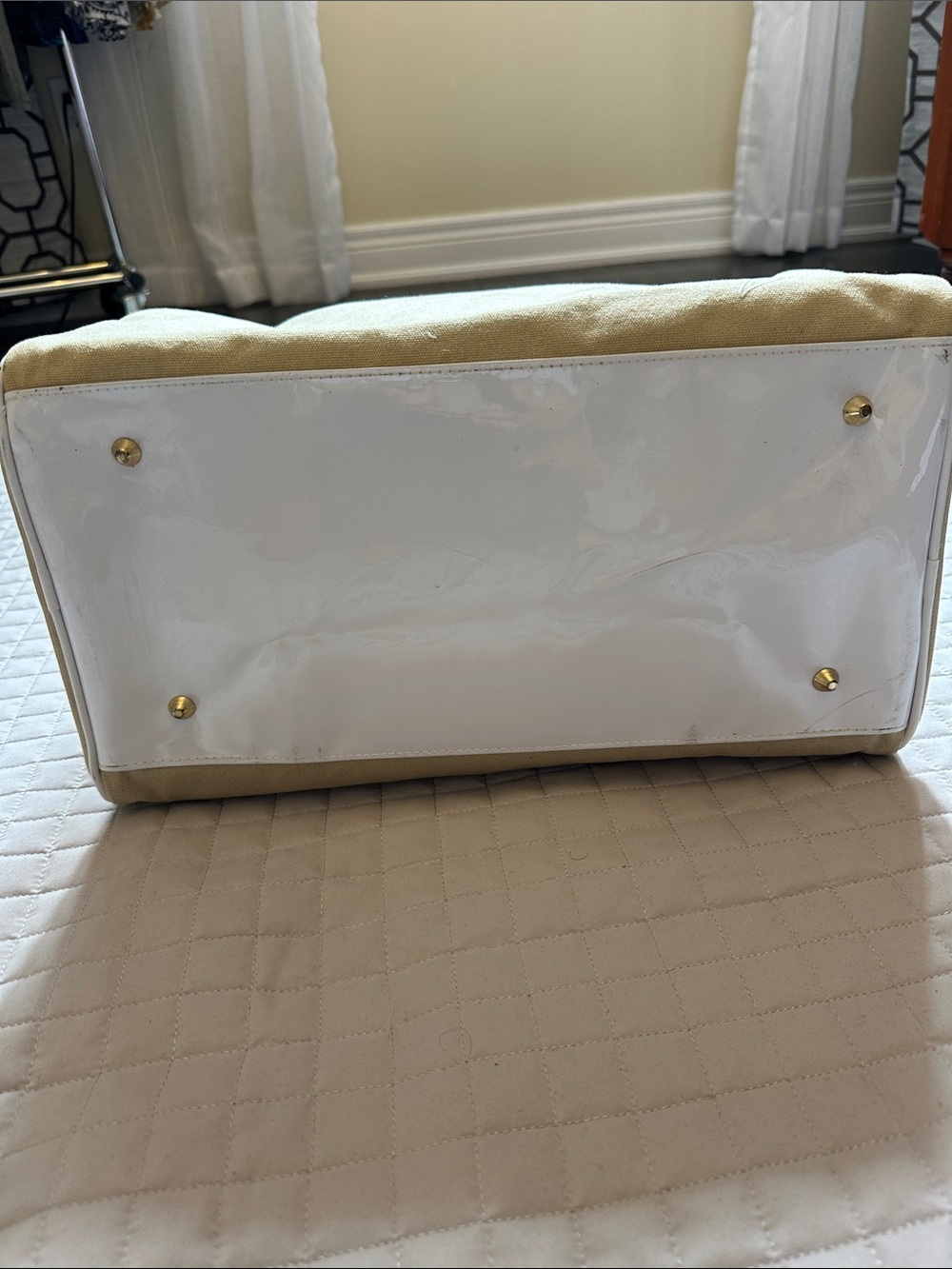 Canvas Satchel Handbag in Beige with White Handles - Picture 5 of 13